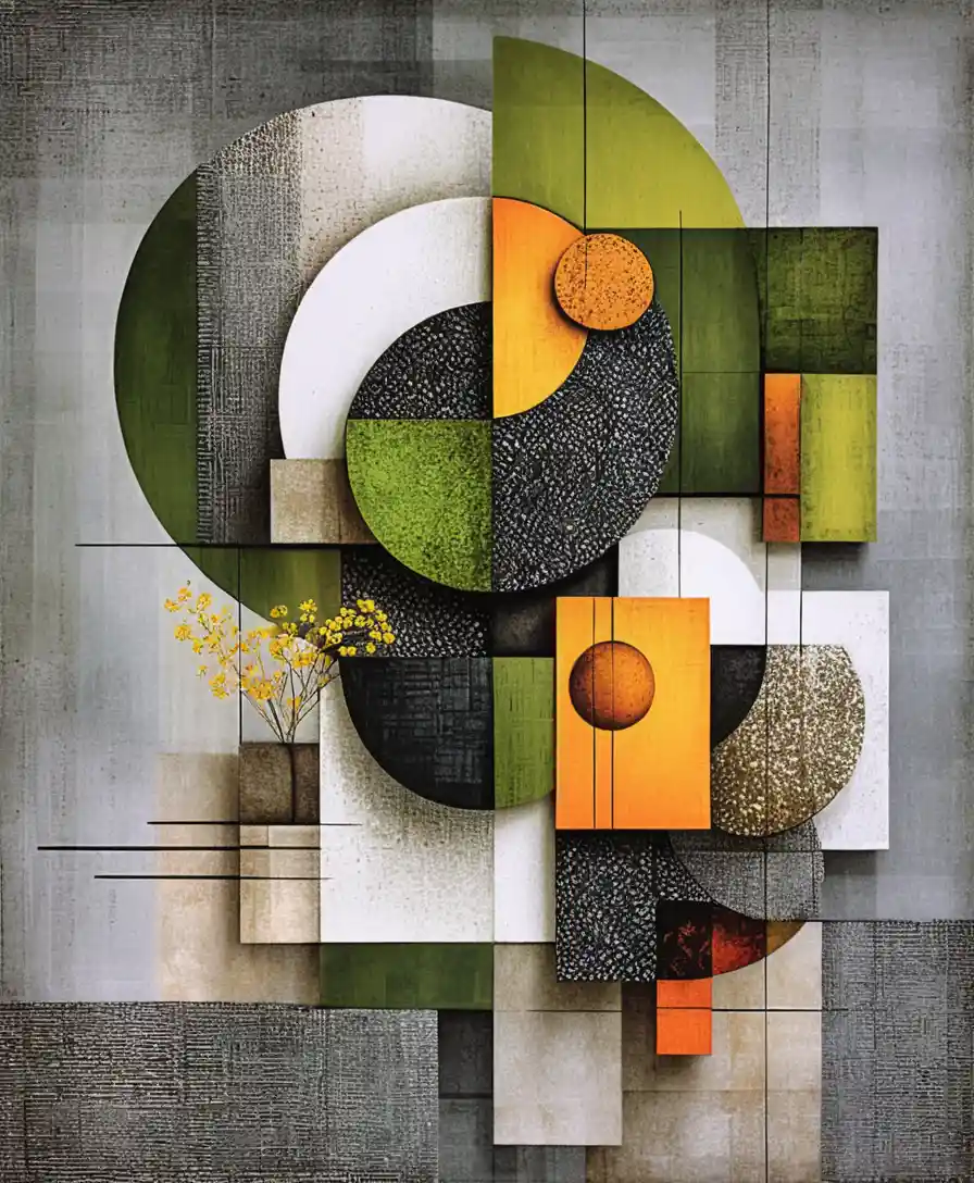 Abstract geometric artwork with vivid shapes and yellow flowers