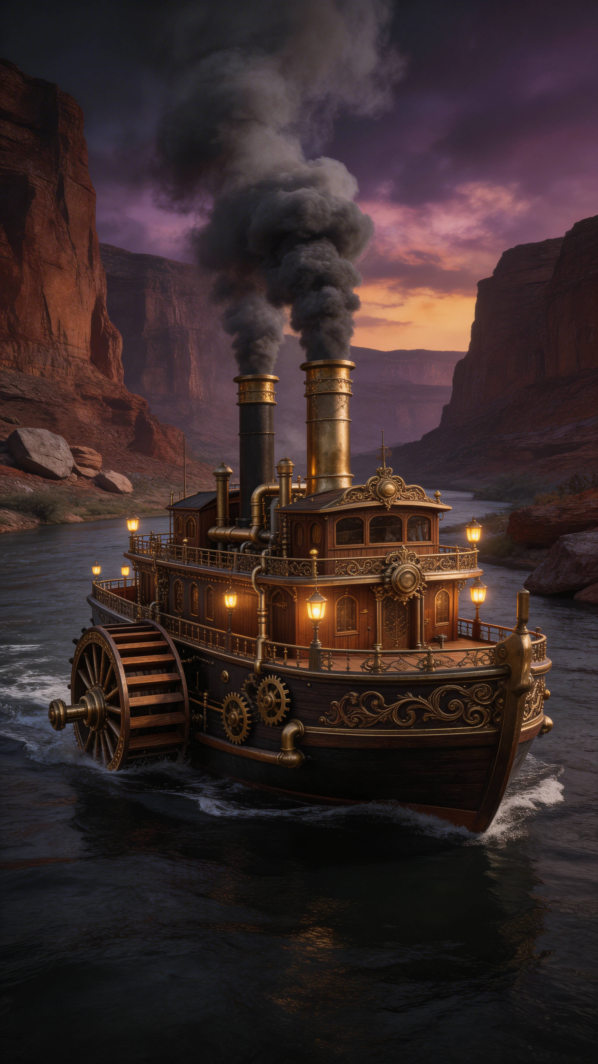 Majestic steampunk steamship on a rugged river canyon