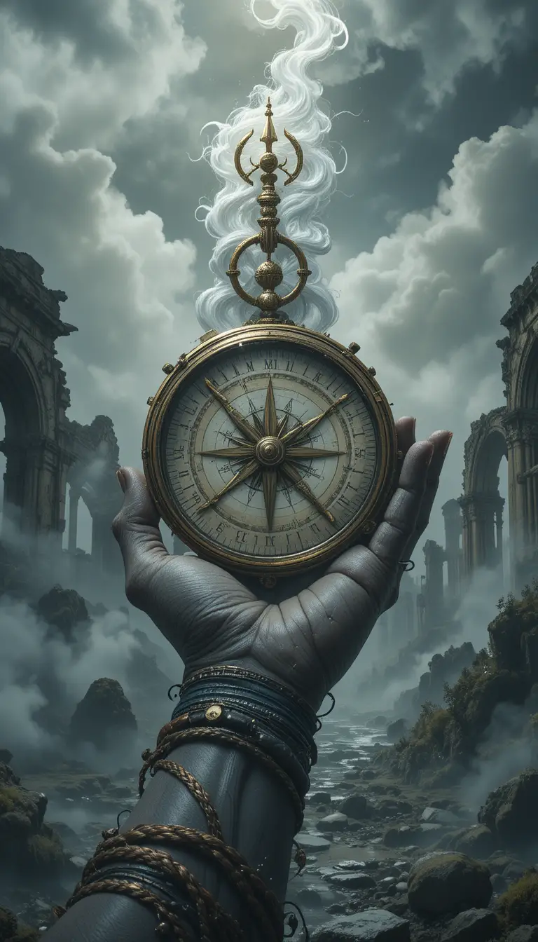 Ghostly hand holding a spinning brass whisper compass