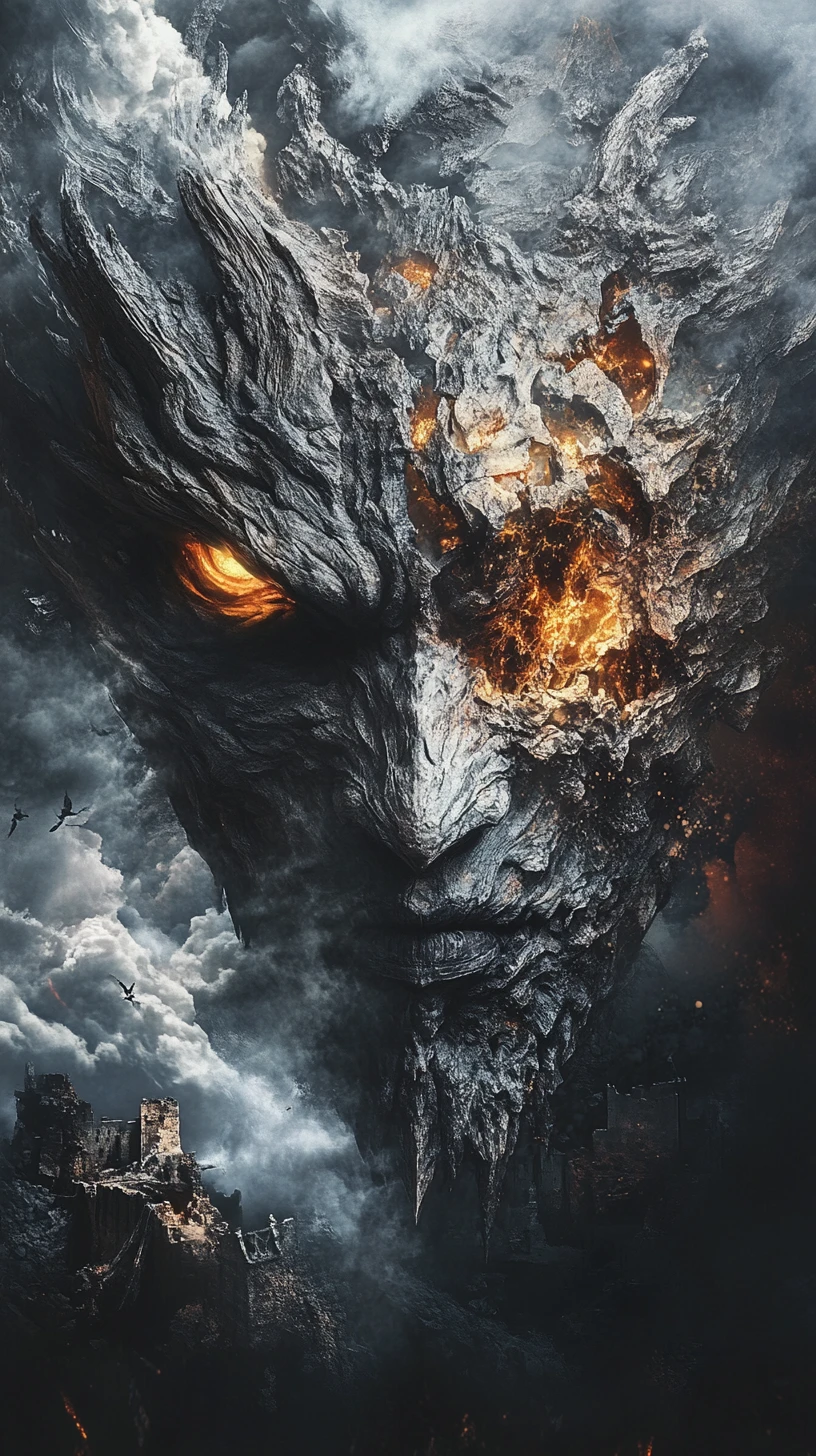 Visage de dragon surréaliste se dissolvant au‑dessus de ruines de château en pleine tempête