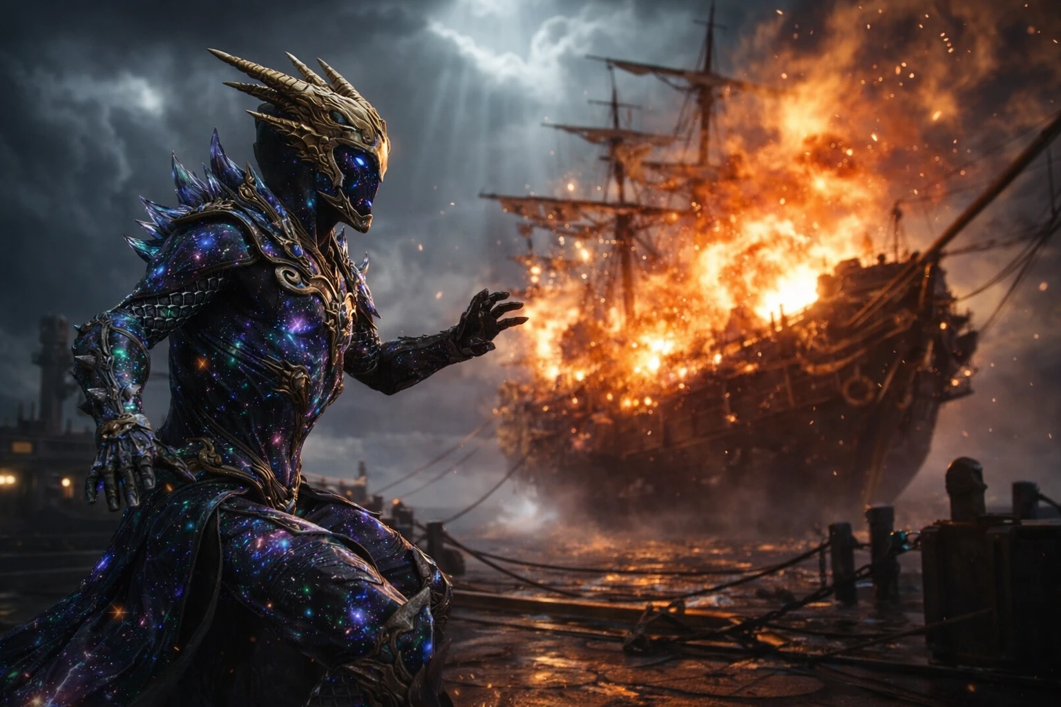 Warforged-Druide auf Luftschiffdock mitten in Explosion