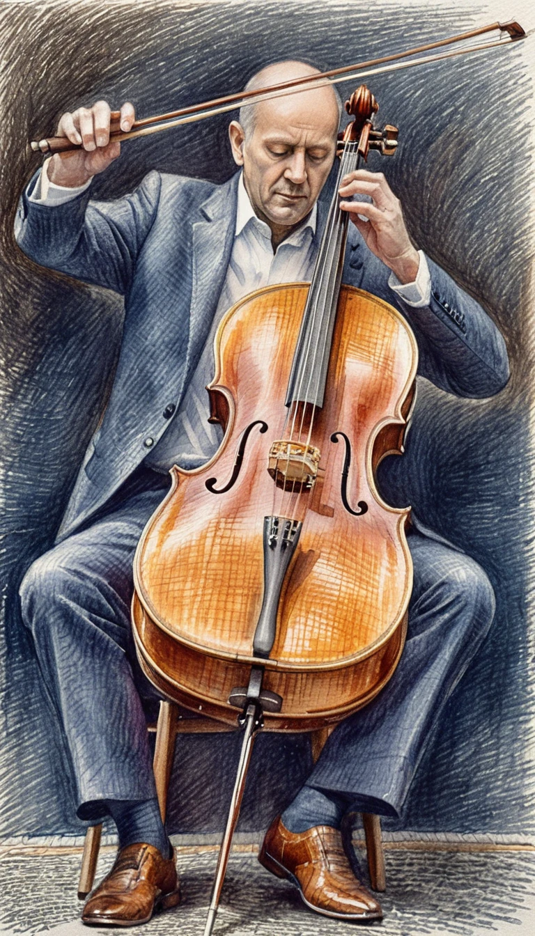 Violoncelista de terno escuro tocando um violoncelo de madeira no palco