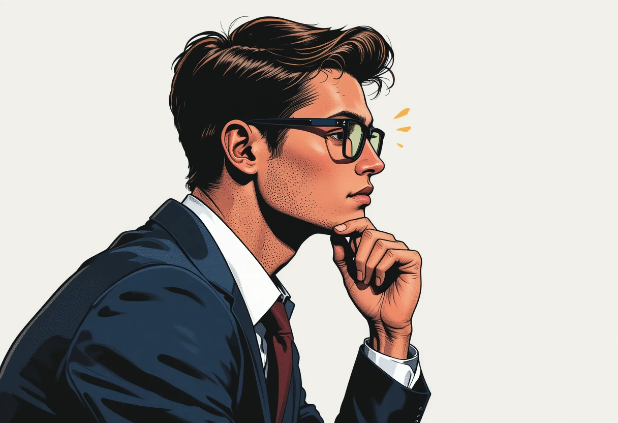 Ritratto di giovane uomo contemplativo in audace illustrazione digitale