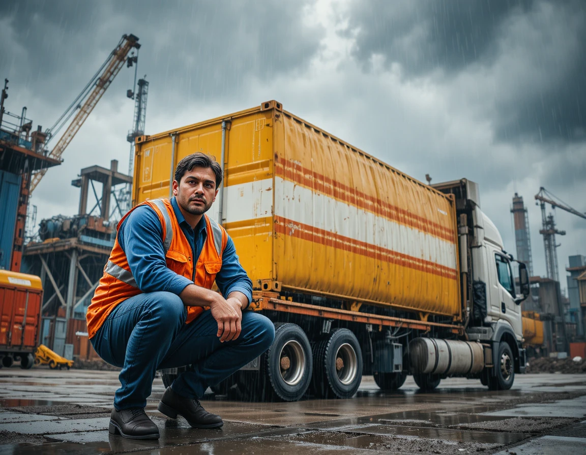Ouvrier du bâtiment chargeant un baril sur un camion sous une forte pluie