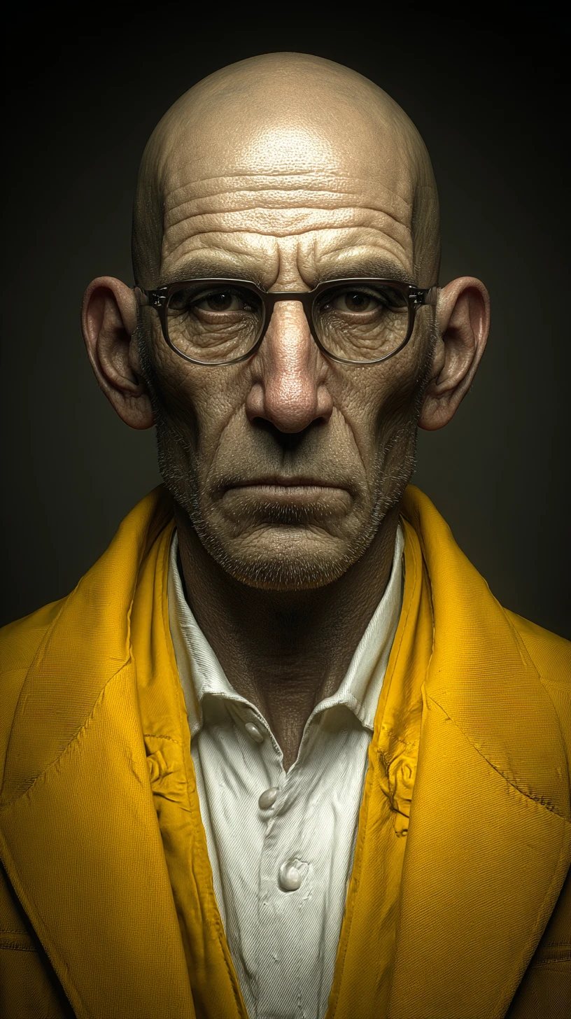 Retrato cinematográfico intenso em close-up de homem careca com jaqueta amarela