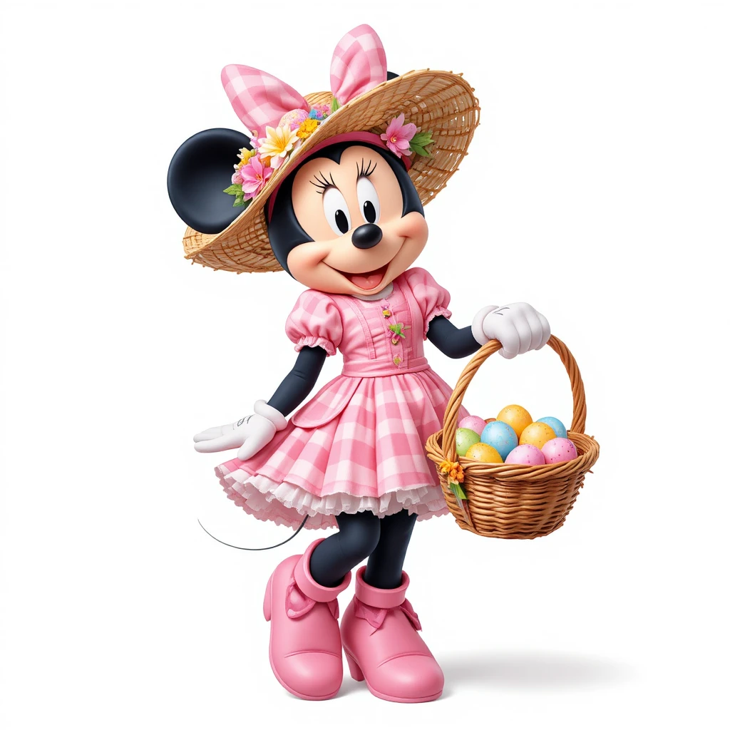 Rato de desenho animado com roupa rosa de Páscoa segurando cesta de ovos coloridos