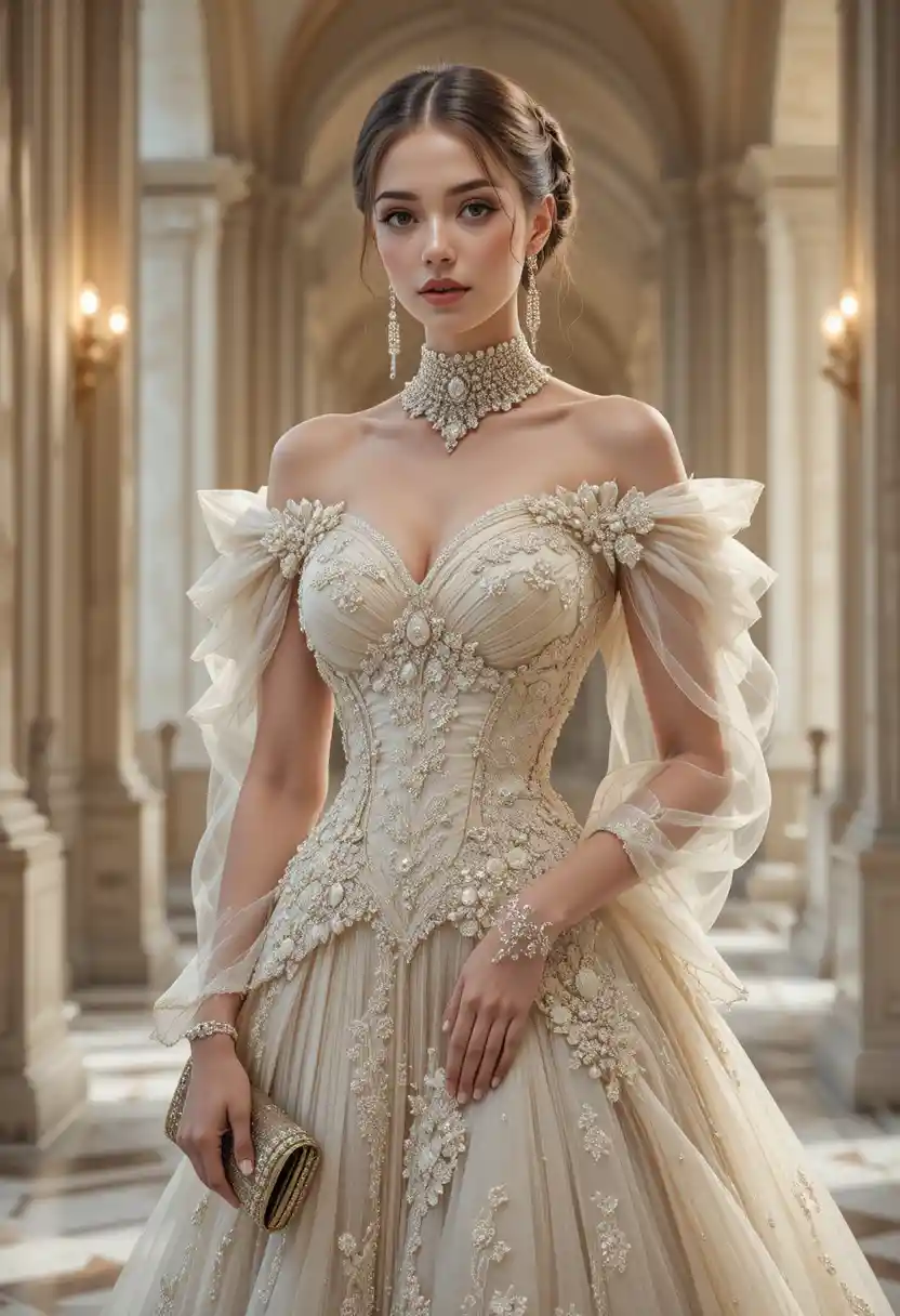 Mulher elegante de moda couture em interior clássico