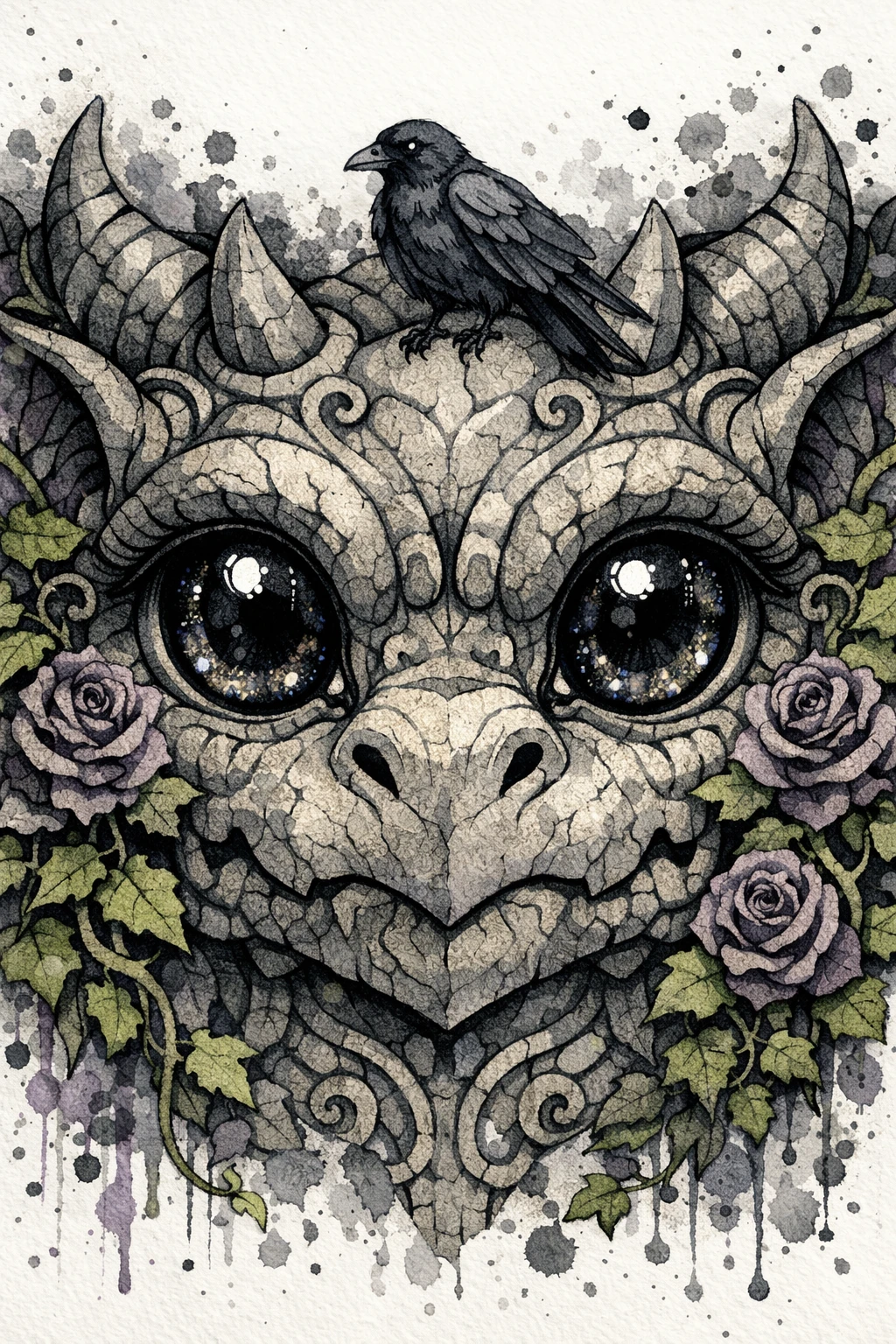 Gárgula gótica em close com detalhes de hera e corvo
