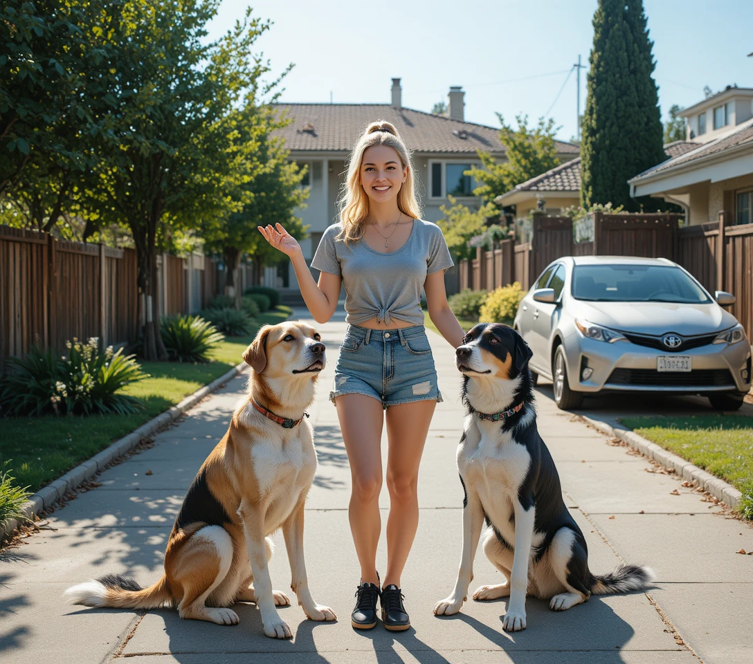 Young woman greeting her dog on sunny suburban street