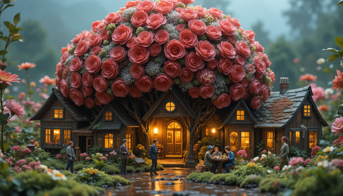 Persone in miniatura si riparano sotto un villaggio di gigantesco bouquet di fiori di campo