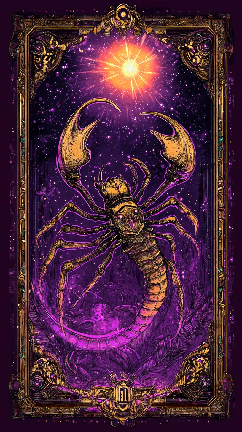Diva scorpion cosmique à l’aura violette rayonnante