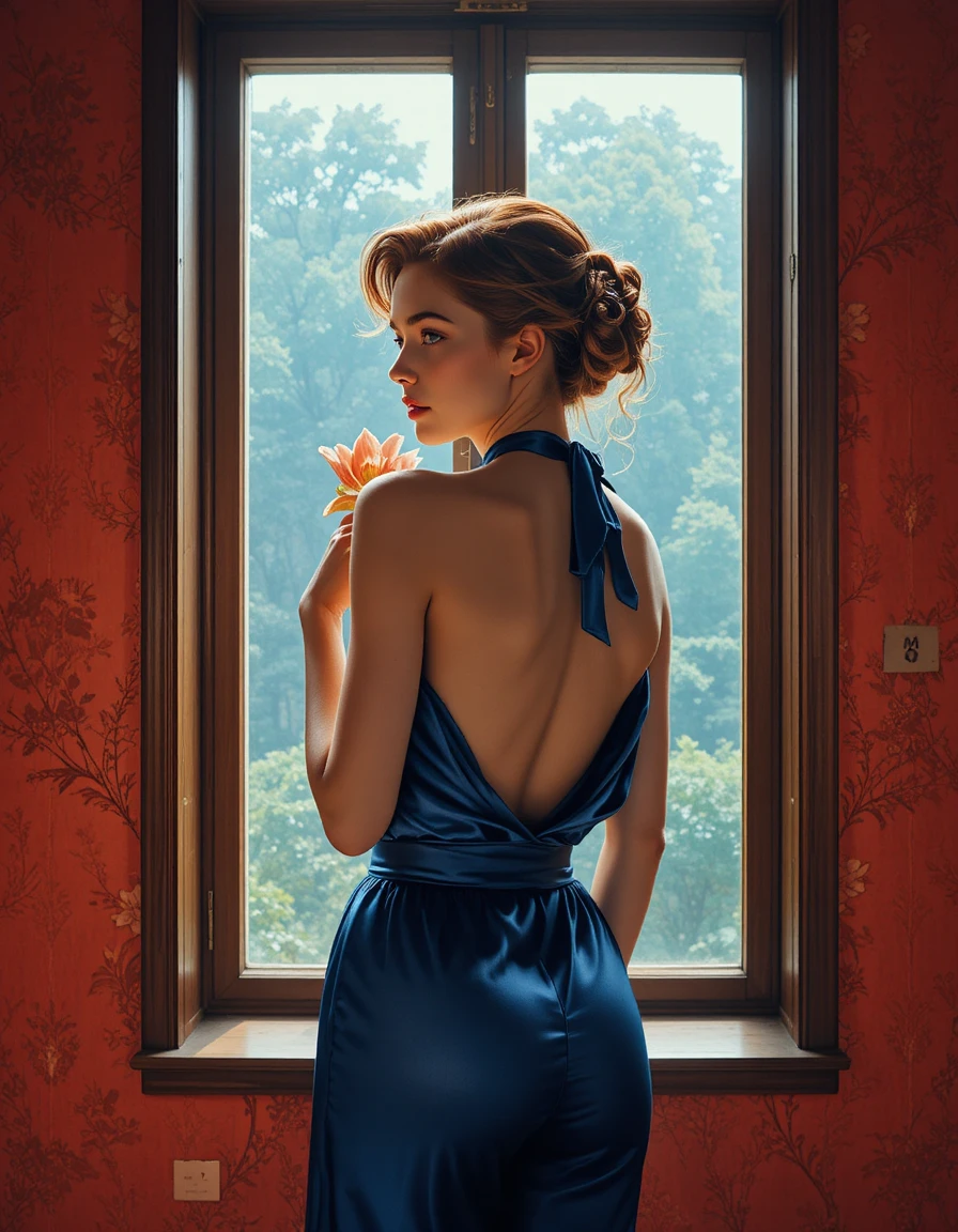 Mujer con top de satén azul en la ventana sosteniendo un lirio