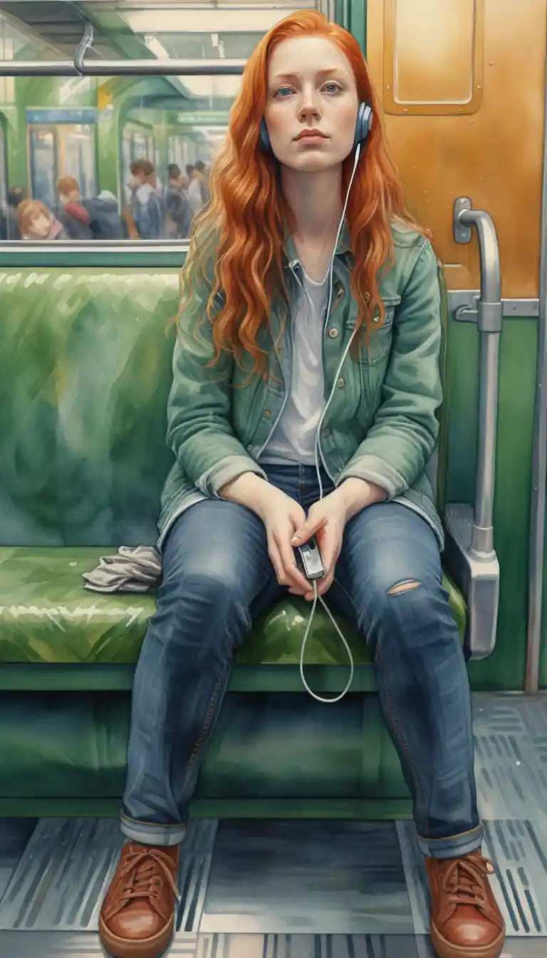 Red haired man on subway bench with earphones