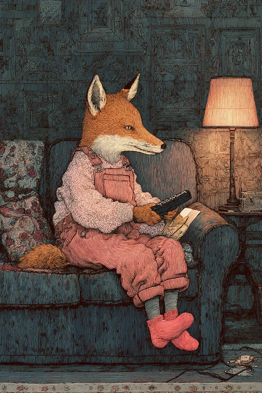 Anthropomorpher Fuchs entspannt auf dem Sofa mit Fernbedienung