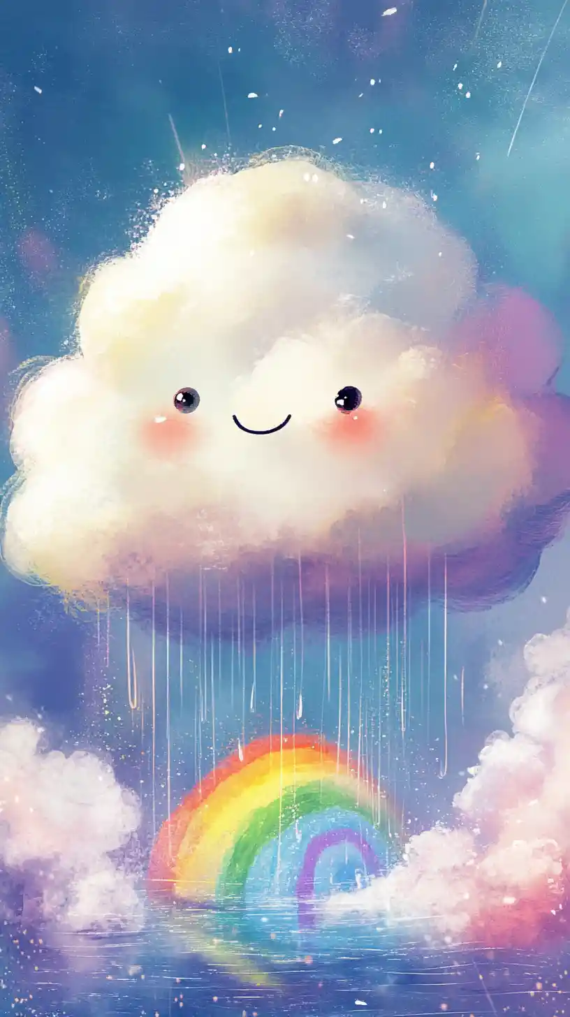 Cute cloud character raining into a pastel rainbow