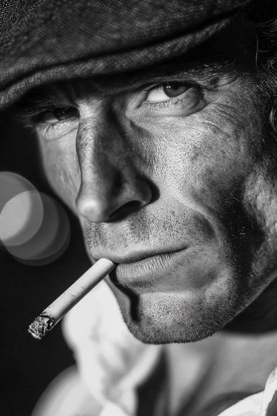 Portrait en noir et blanc en gros plan d’un homme en train de fumer