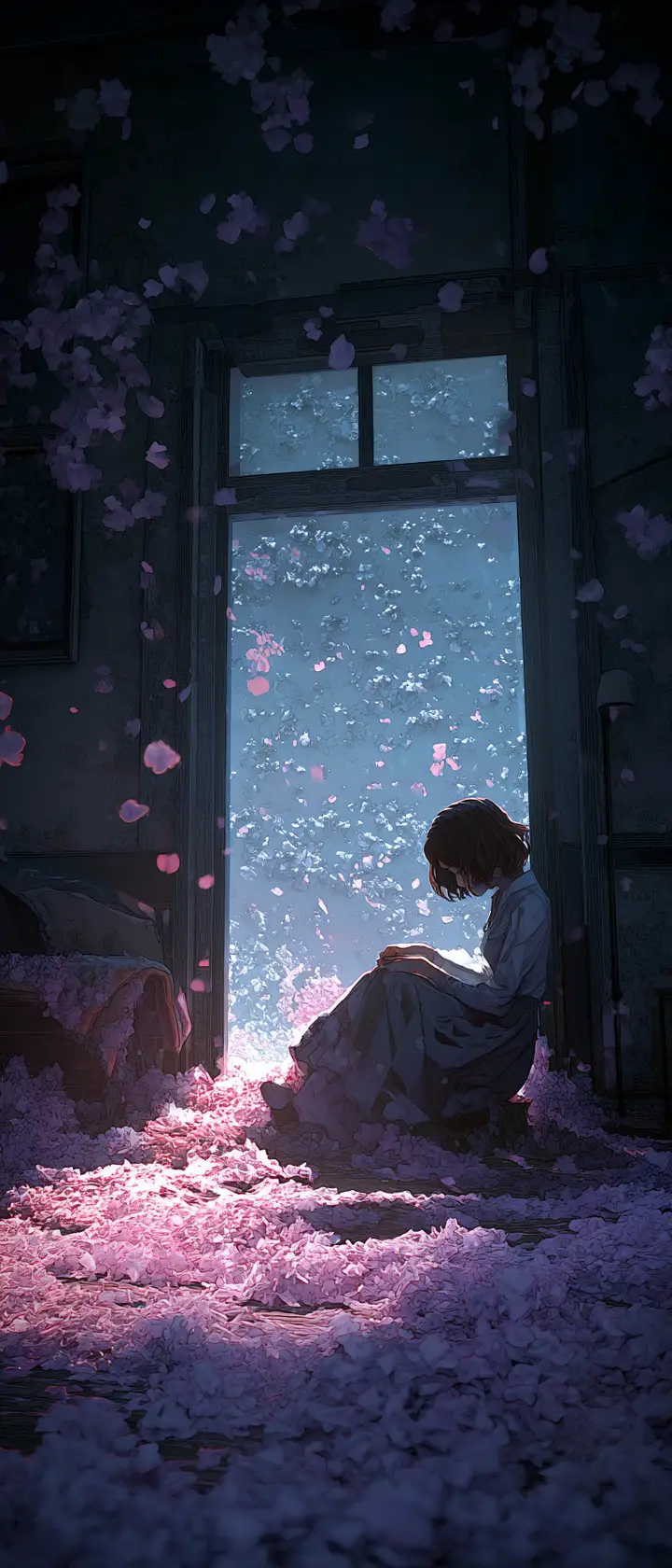 Anime girl curled up alone in a dim empty room