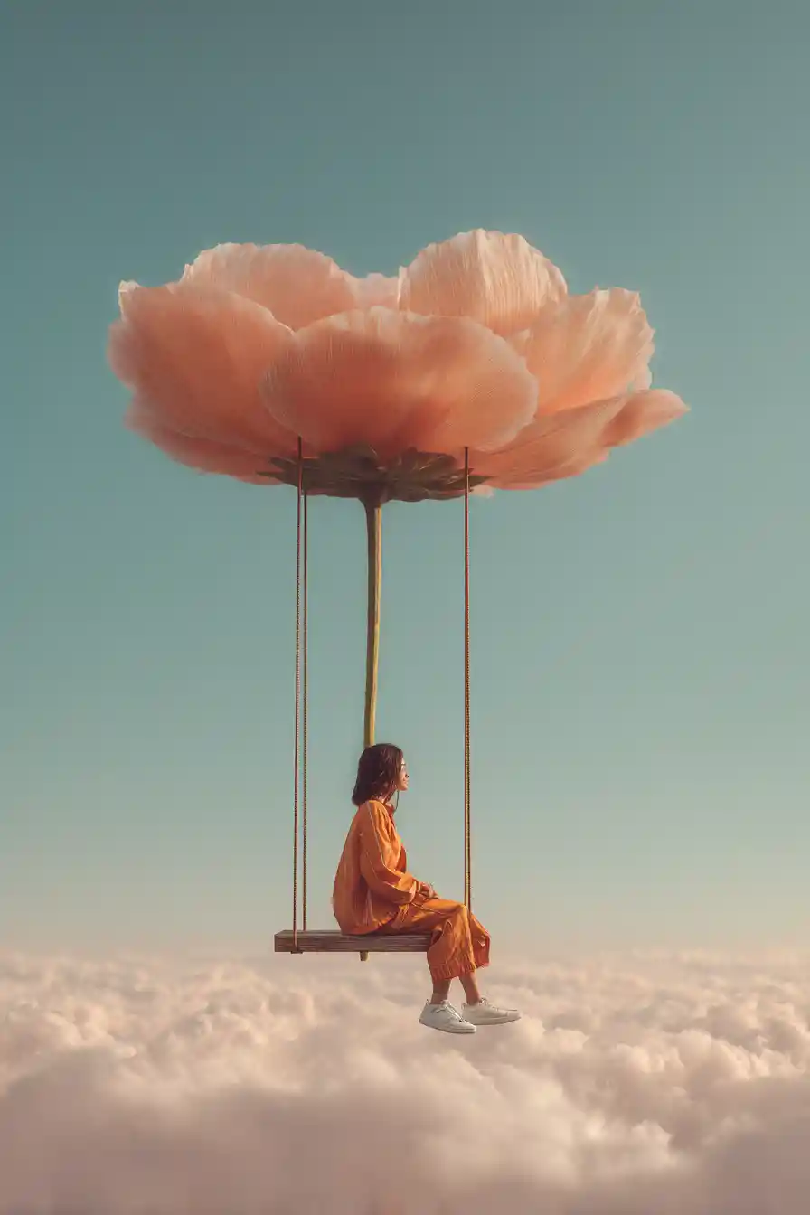 雲端上巨大花朵下盪鞦韆的女孩