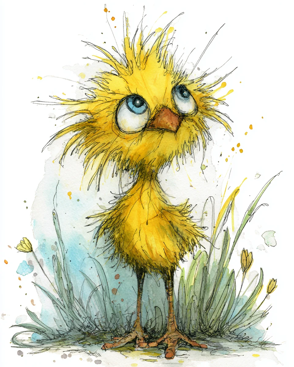 Whimsical baby chick in tall prairie grass with tulip flowers