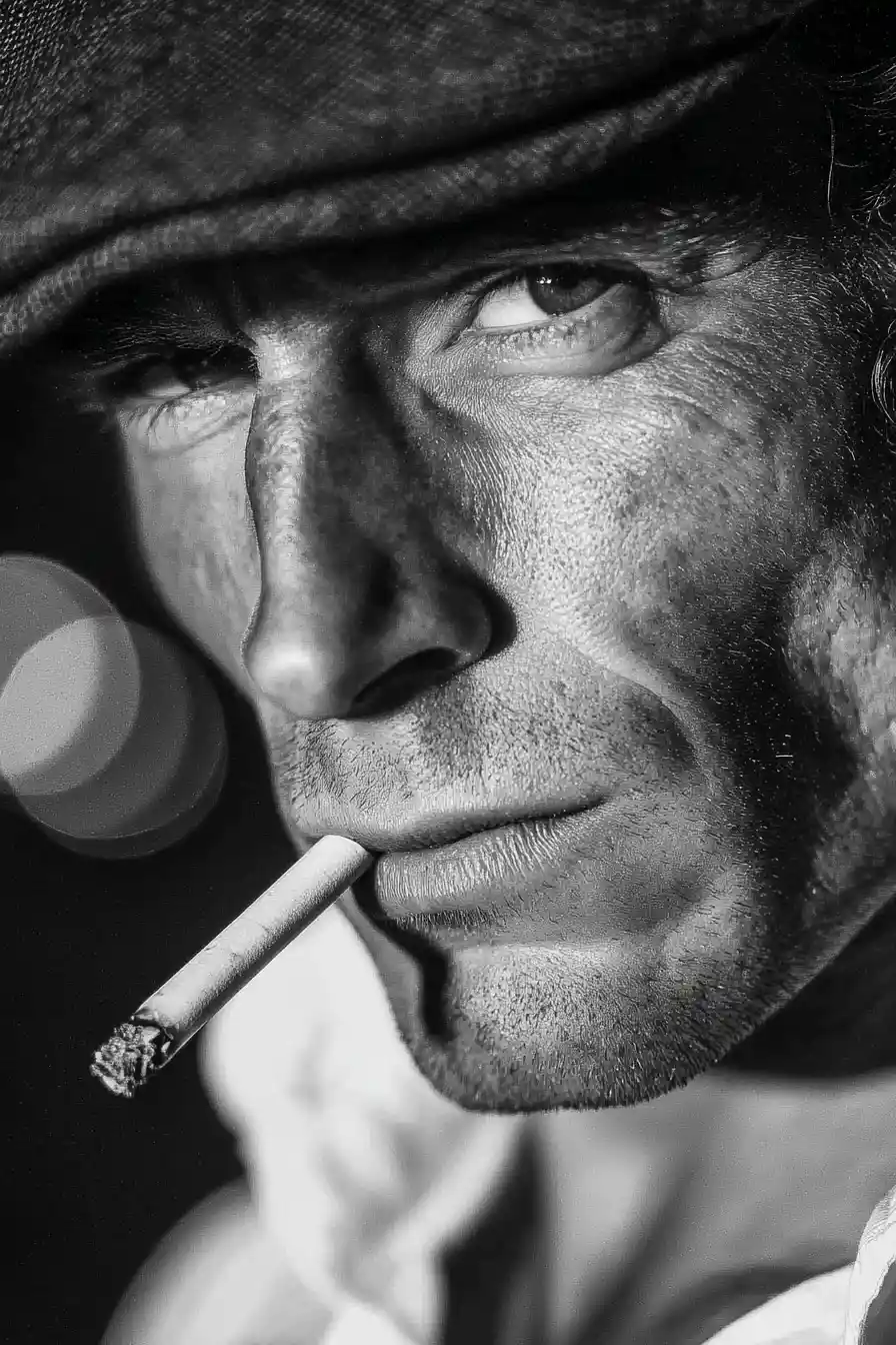 Black and white close up portrait of a smoking man