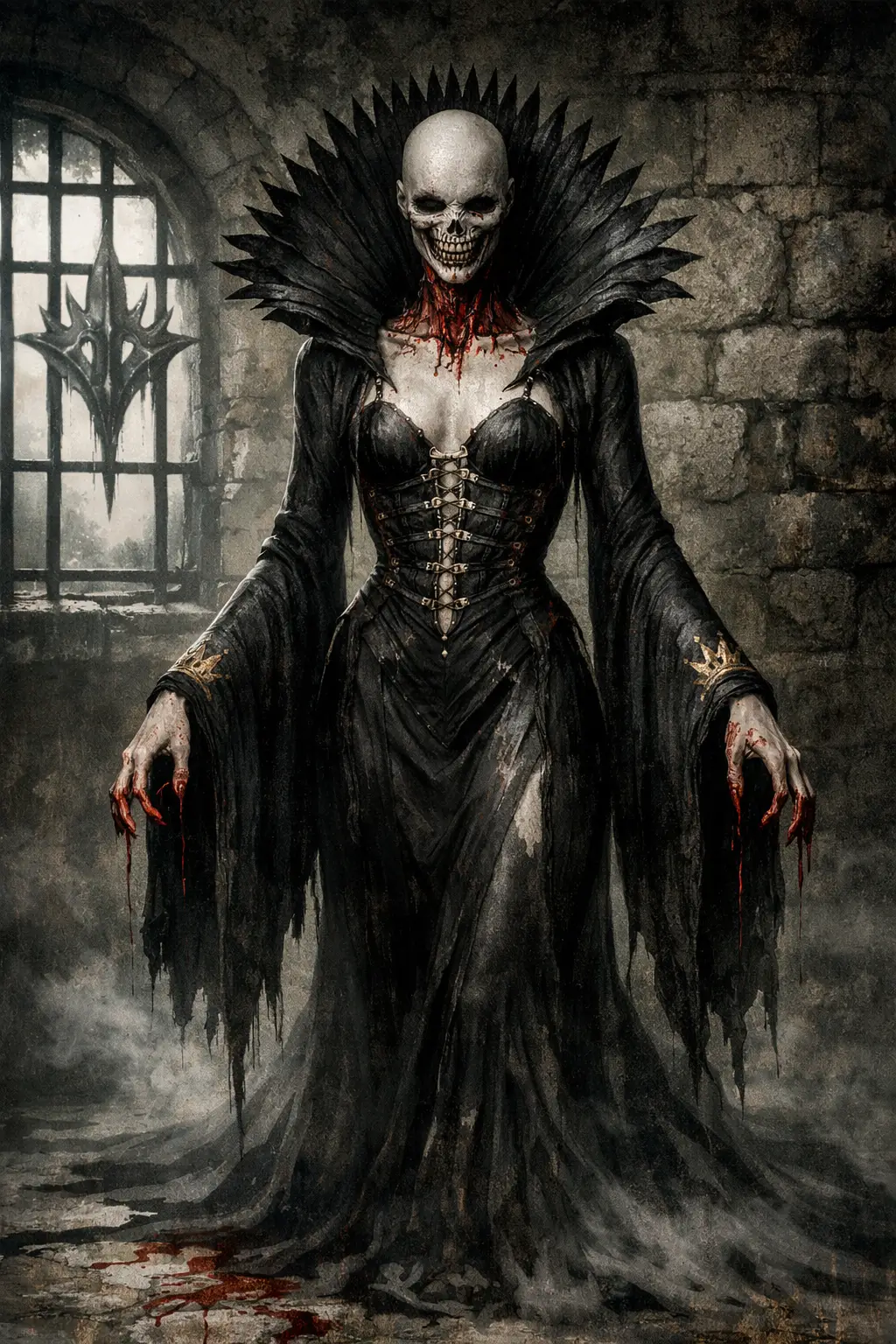 Sinister skeletal woman in a dark stone chamber
