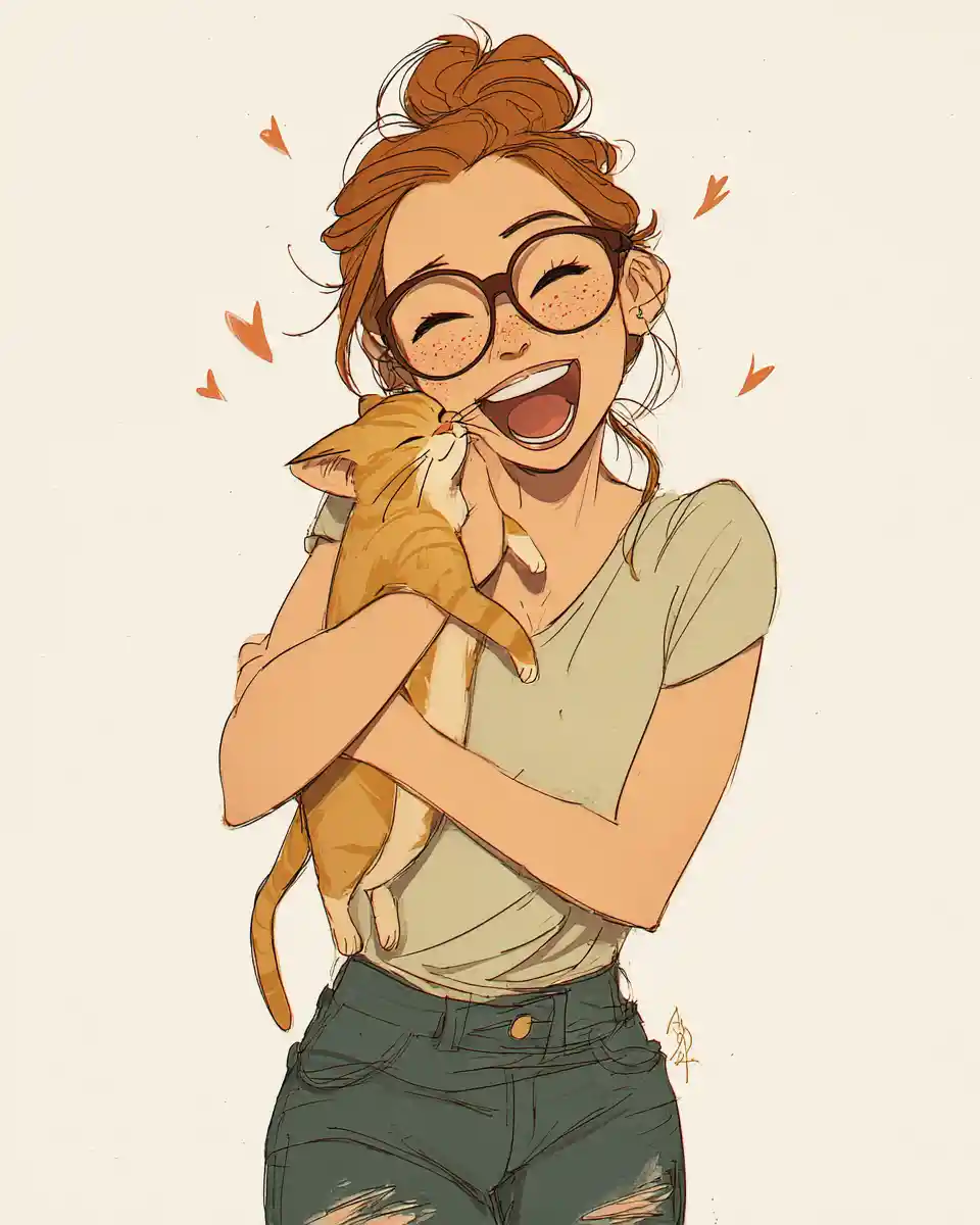 Smiling girl hugging a tabby cat illustration