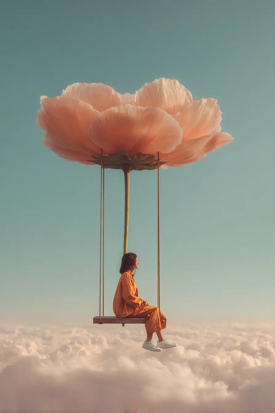 雲端上巨大花朵下盪鞦韆的女孩