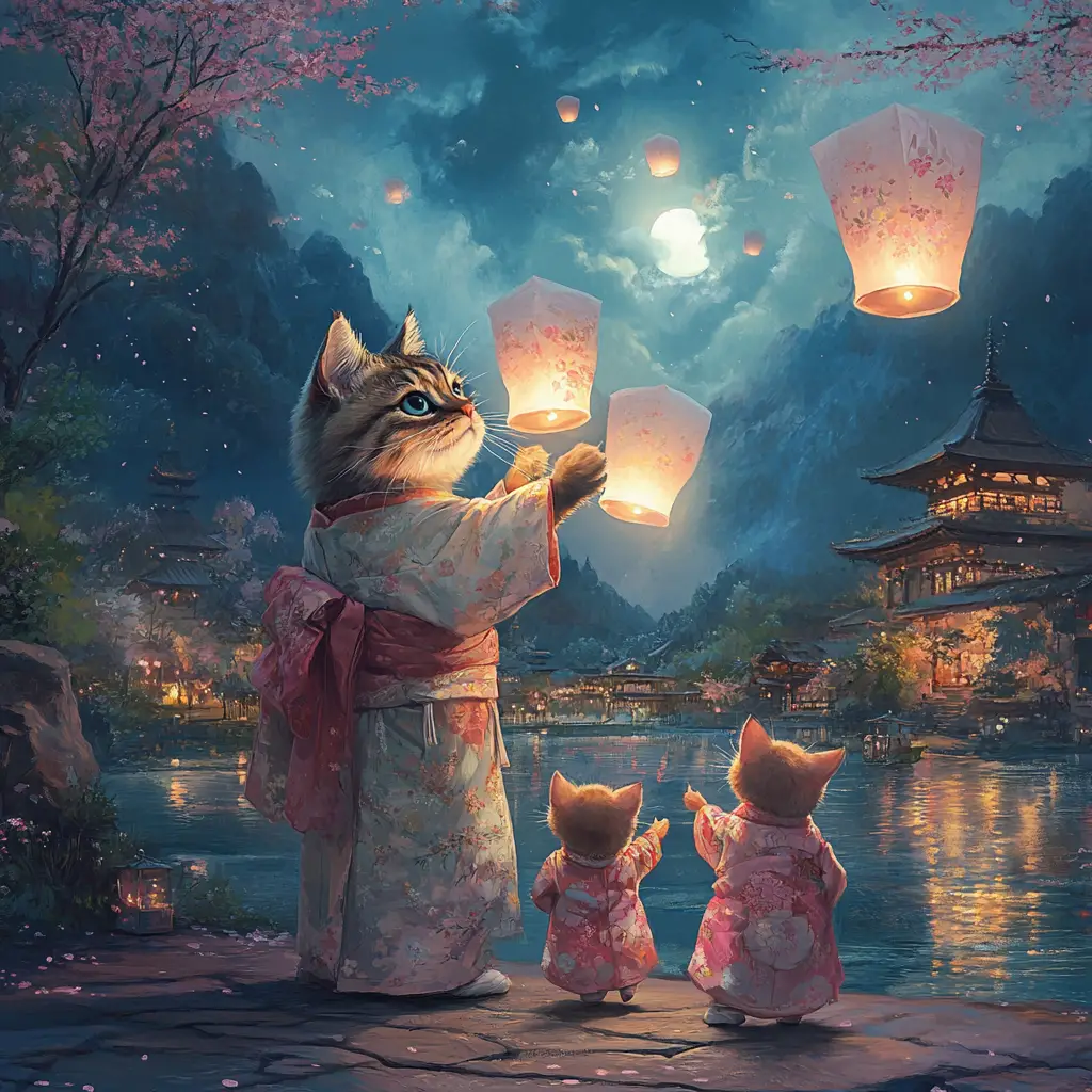 Majestätische Katzen in Kimonos, die leuchtende Himmelslaternen steigen lassen
