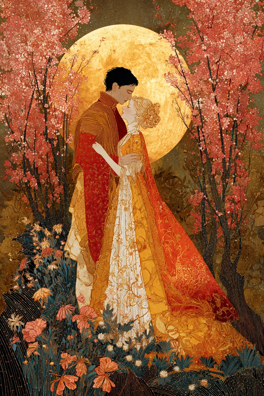 Goldener Vollmond mit romantischen Liebenden am surrealen Himmel