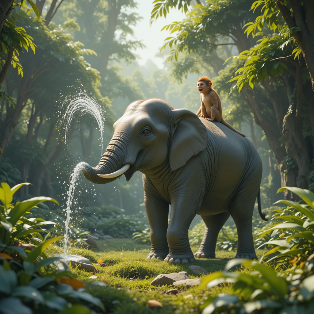 Elefante e macaco brincalhões em uma selva verde ensolarada