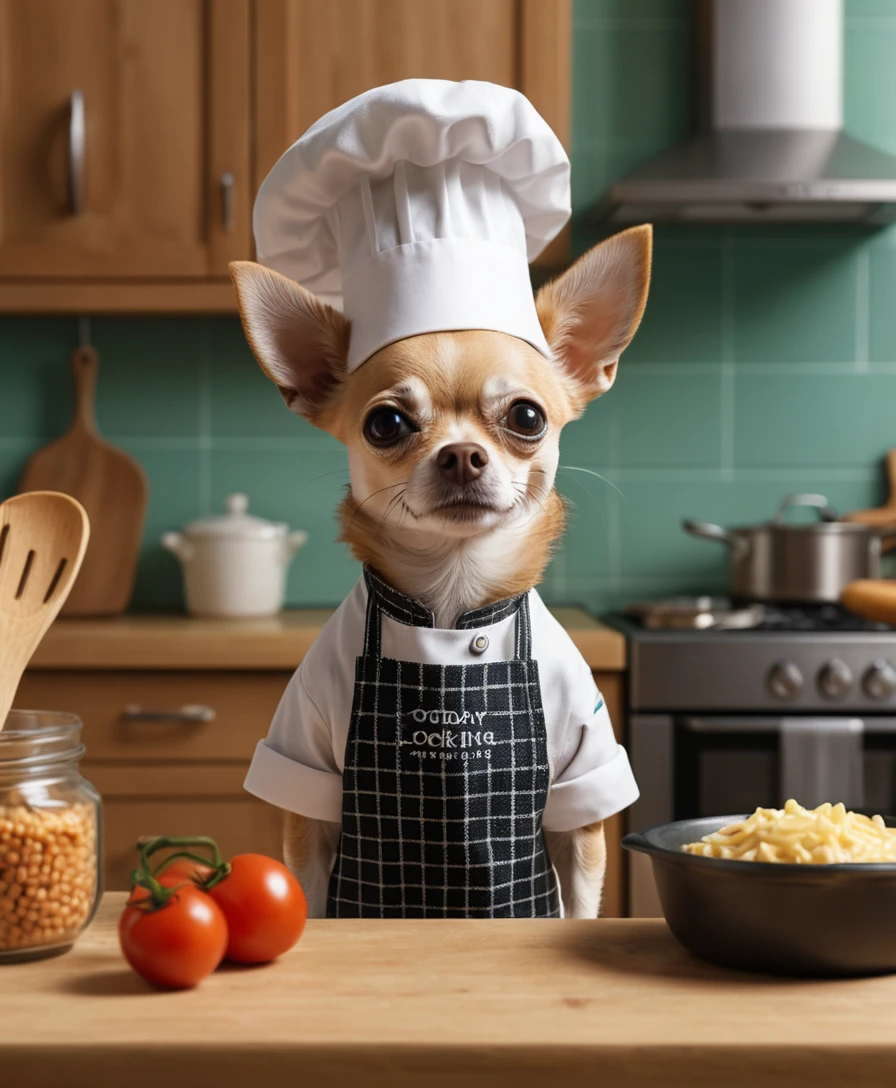 Chef chihuahua alegre se arrumando em uma cozinha aconchegante