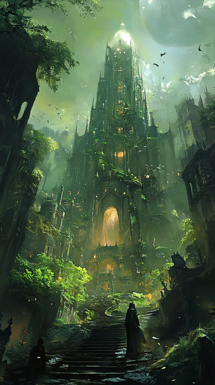 Woman standing in a panoramic urban fantasy inspired street scene