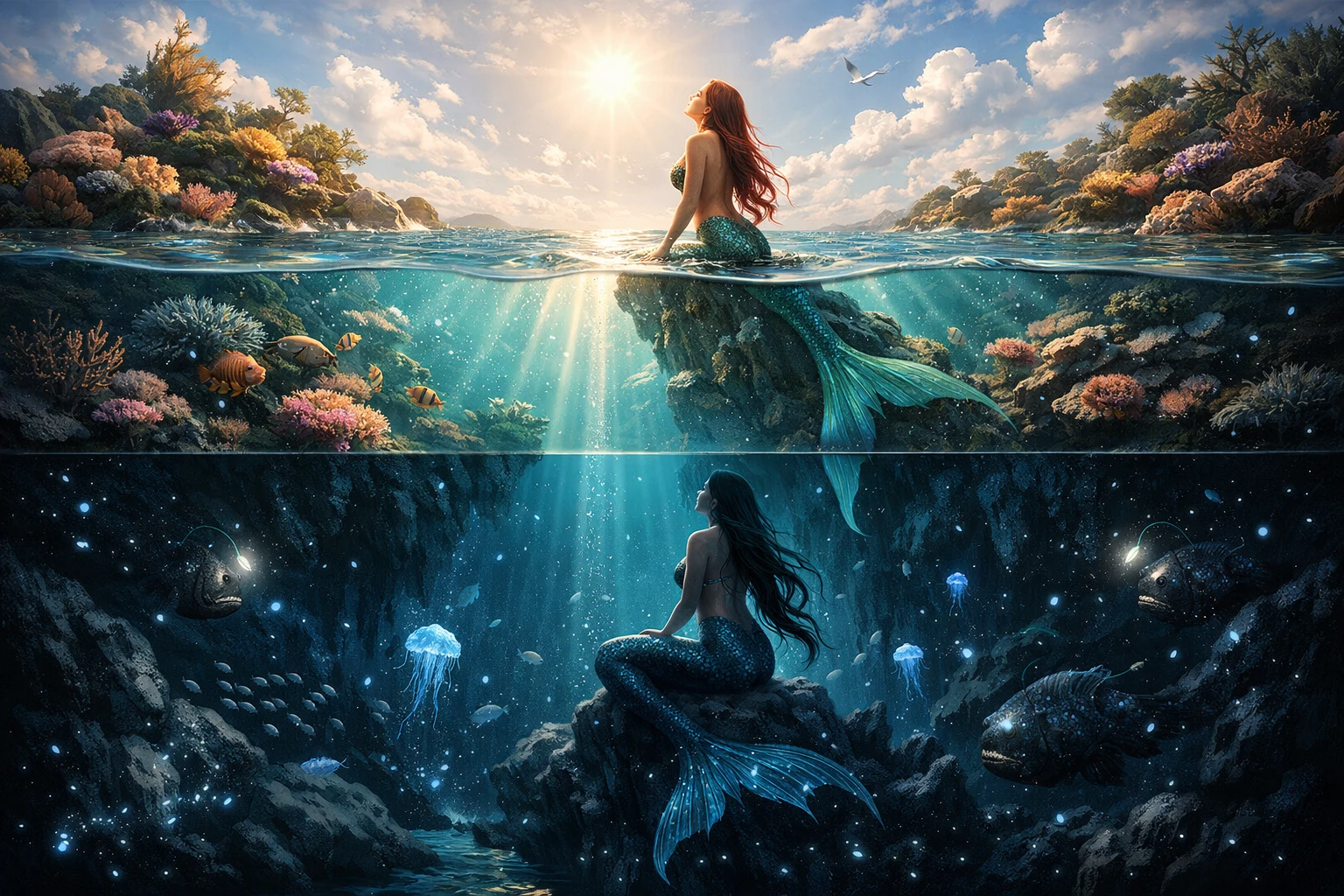 Sereia entre Recife de Corais Iluminado pelo Sol e Abismo Escuro do Oceano