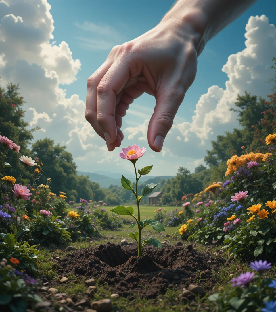 Riesige himmlische Hand pflanzt sanft eine einzelne Blume