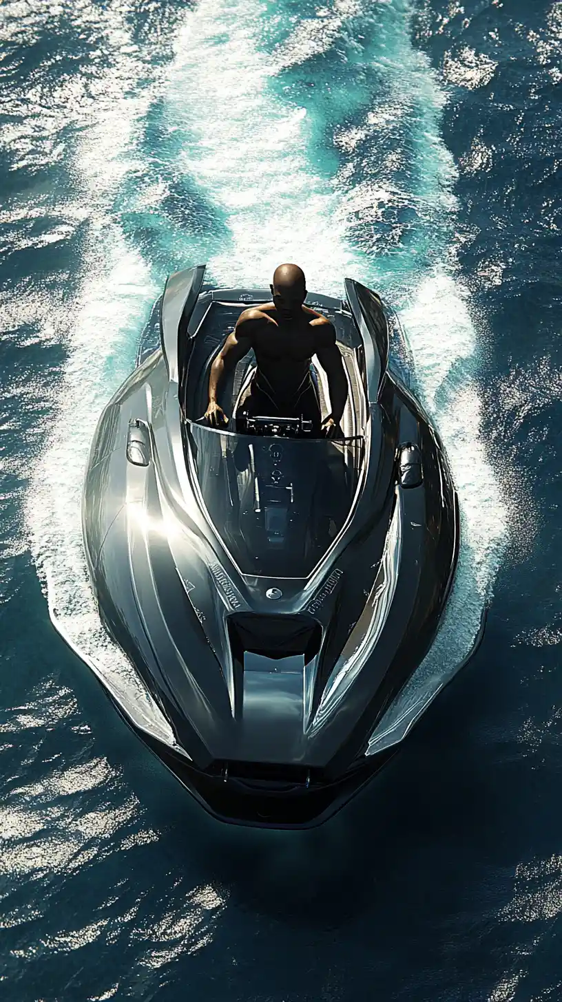 Confident man piloting a futuristic hovercraft over rough sea