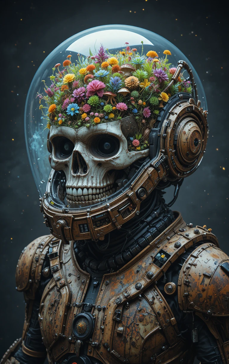 Casque sci‑fi avec crâne et plantes dans un vide étoilé