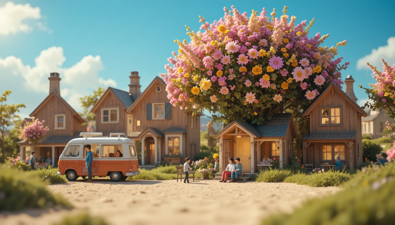Villaggio in miniatura sotto un gigantesco bouquet di fiori di campo estivi