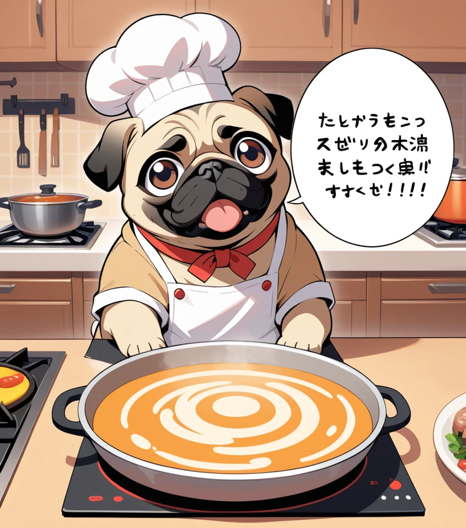 Chef pug alegre em uma cozinha aconchegante usando chapéu e avental