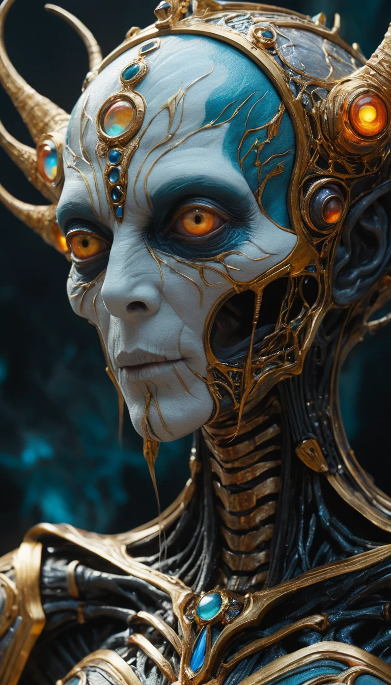 Close-up sereno de um pequeno humano em estilo neon de horror