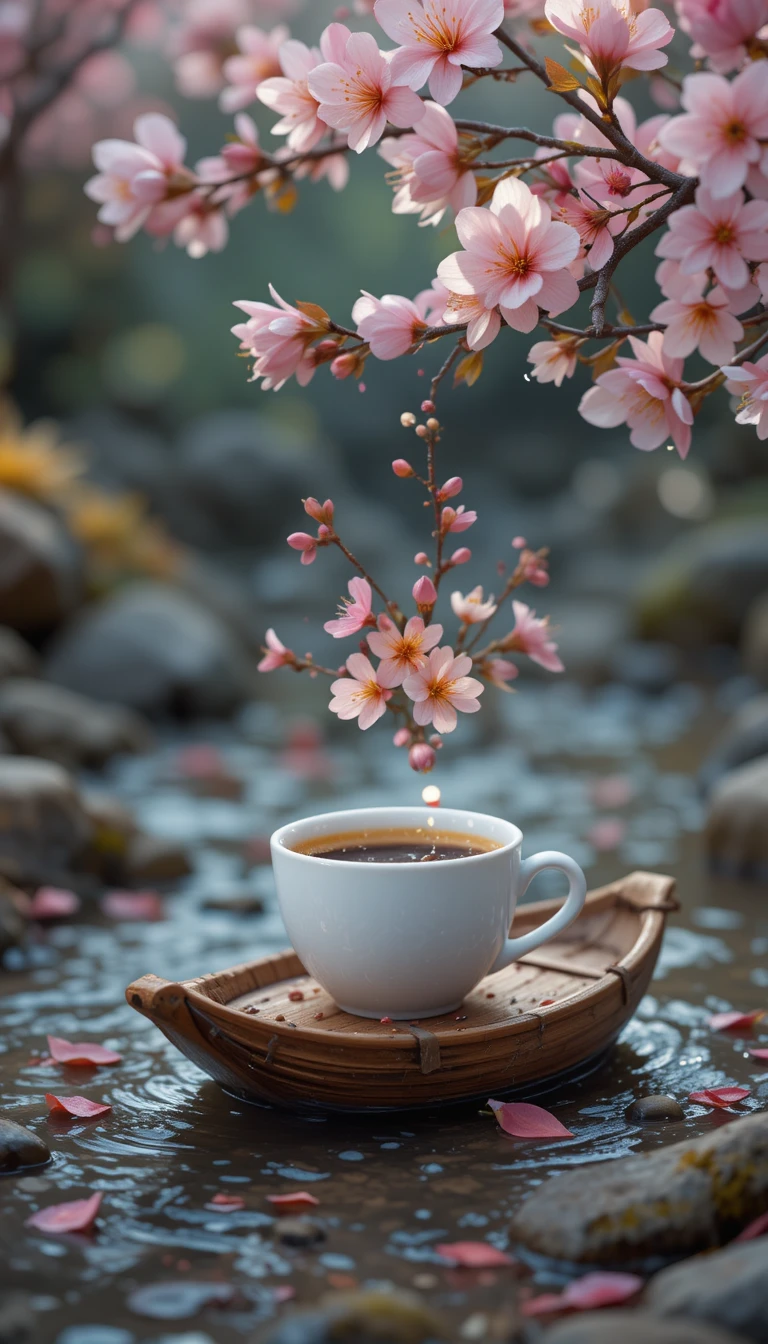Tasse de café et fleurs sur un minuscule bateau en bois dans le ruisseau