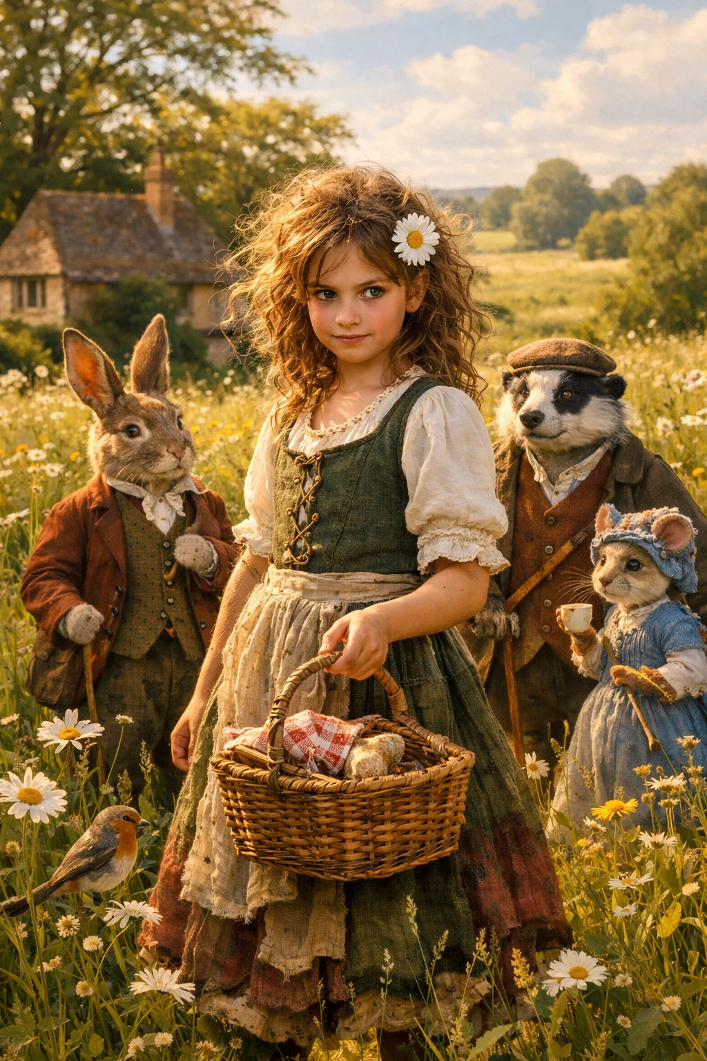 Young girl in a sunny English meadow with animal friends
