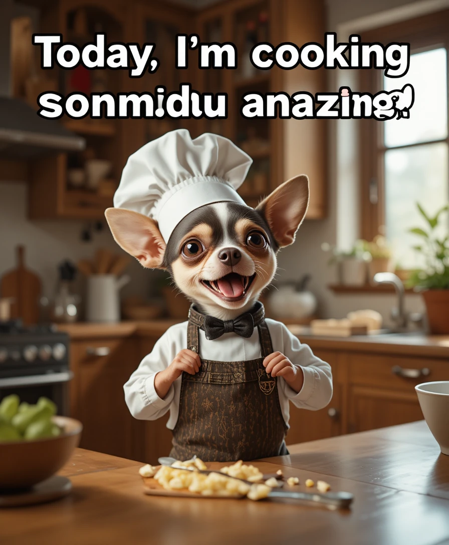 Chef chihuahua animado se arrumando em uma cozinha aconchegante