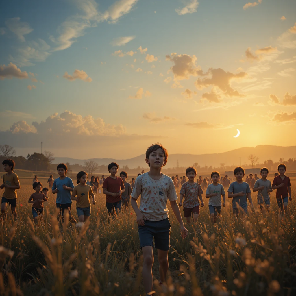 Kinder spielen auf einem großen offenen Feld im goldenen Sonnenuntergang