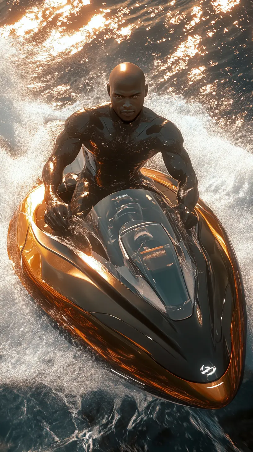 Powerful man steering a futuristic hovercraft over waves