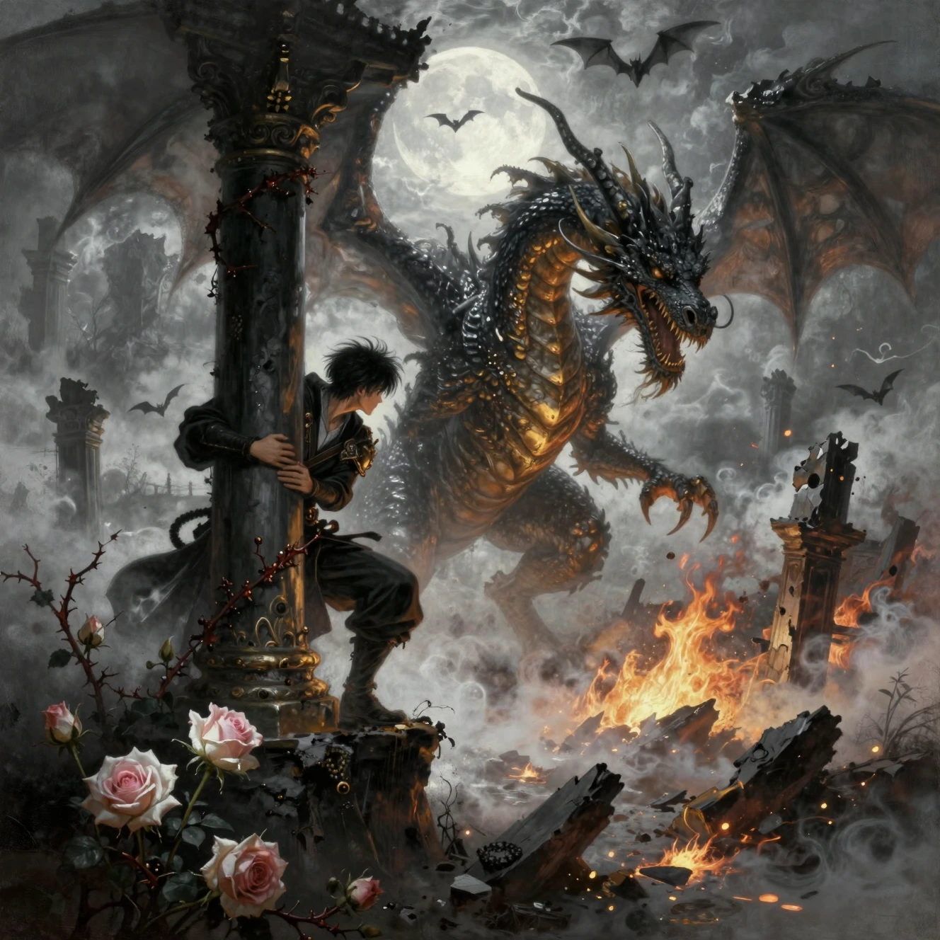 Guerrier caché d’un dragon attaquant dans des ruines en flammes