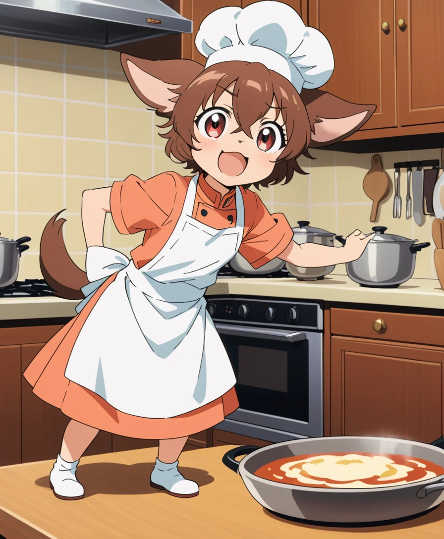 Chihuahua chef joyeux dans une cuisine chaleureuse se préparant à cuisiner