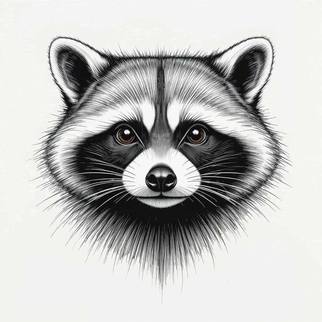 Retrato en boceto en blanco y negro de la cara de un mapache