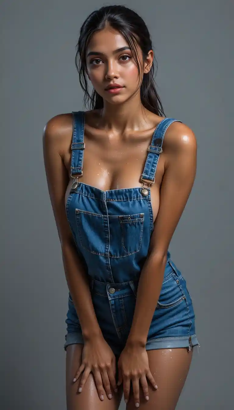 Indian woman in denim overalls with wet glistening skin
