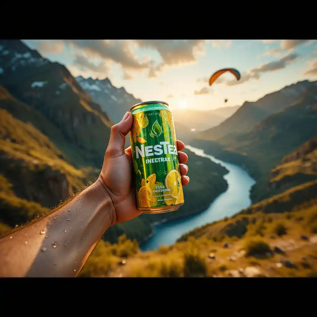 Athletic hand holding chilled energy drink in mountains