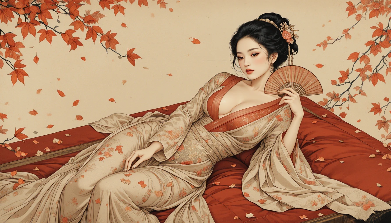 Nobre elegante reclinada sobre plataforma laqueada em estilo Nihonga